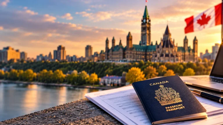 Canada Express Entry passport and immigration documents with Canada's Parliament buildings and national flag in the background.