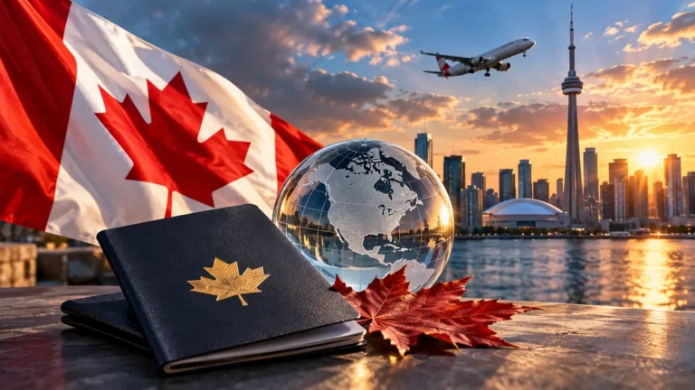 French Express Entry draw featuring the Canadian flag, Toronto skyline and international professionals pursuing Canadian permanent residence.